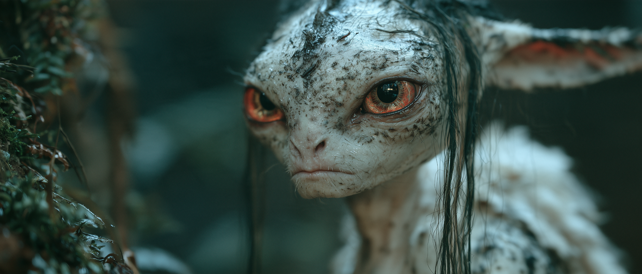 Pale forest creature with amber eyes